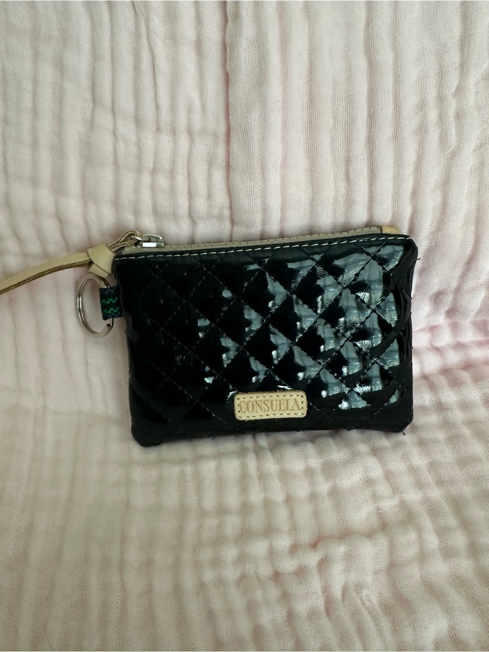 Consuela (Jax) Black Quilted Patent Card Pouch with Genuine Leather